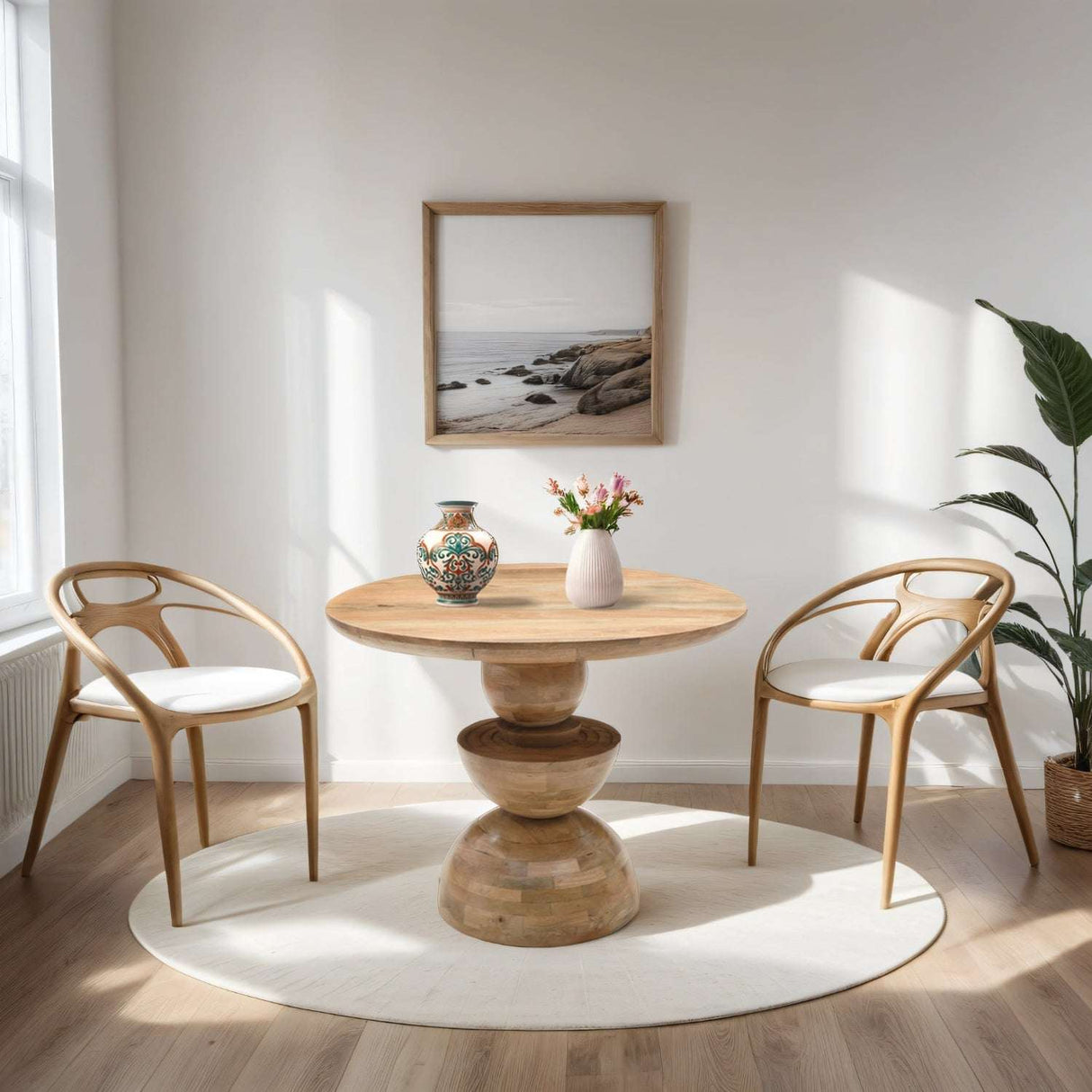 Verty Furniture Stylish Dining Table with Wooden Base and Two Elegant Chairs in a Bright Room