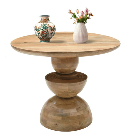 Verty Furniture Round Wooden Dining Table with Unique Base and Decorative Vases