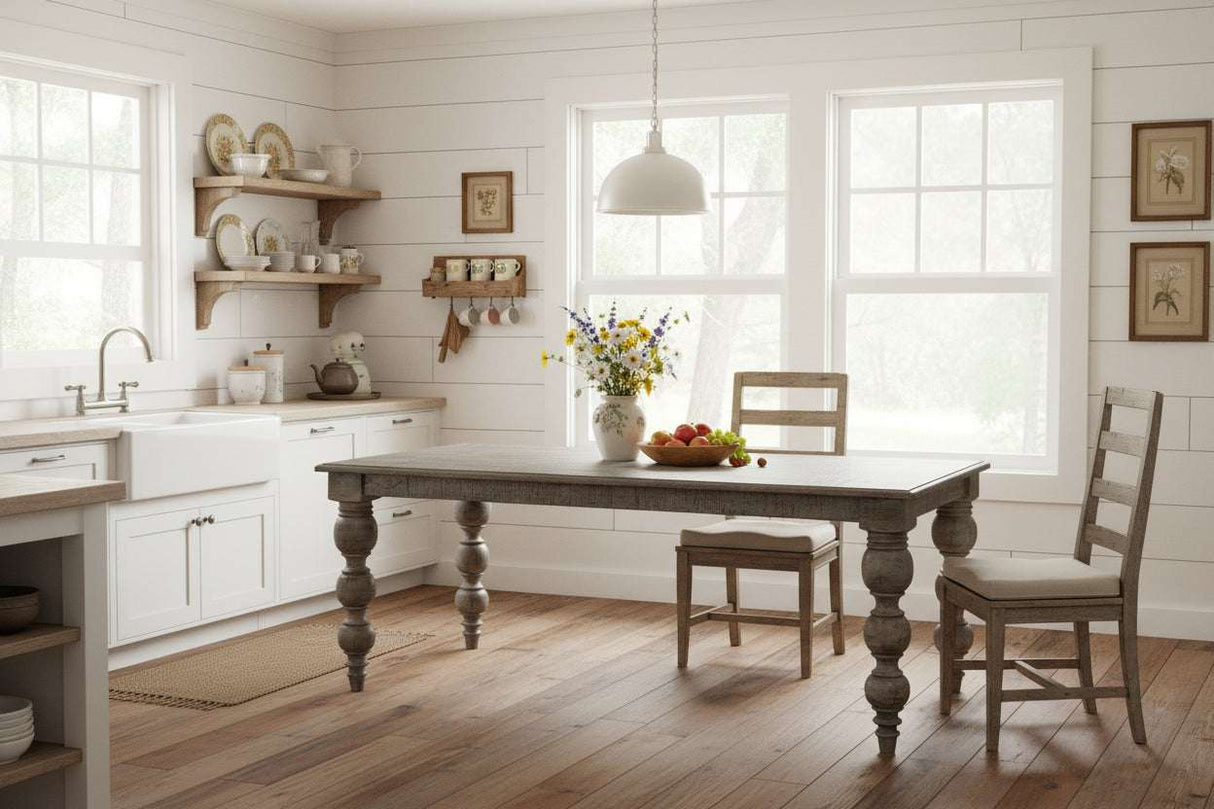 Shades 4 Seasons rustic dining table with turned legs in a bright kitchen setting