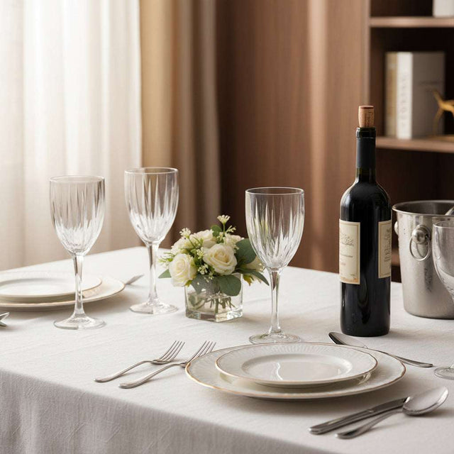 Elegant Orsina Wine Glasses on a dining table with a wine bottle and floral centerpiece