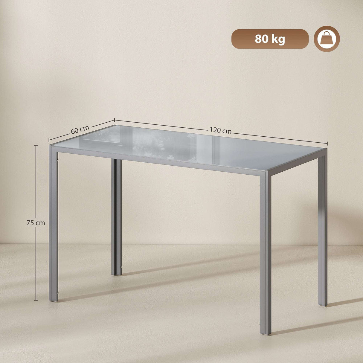 Wise Galleria Dining Table with Glass Top and Metal Frame, Dimensions 120cm x 60cm x 75cm