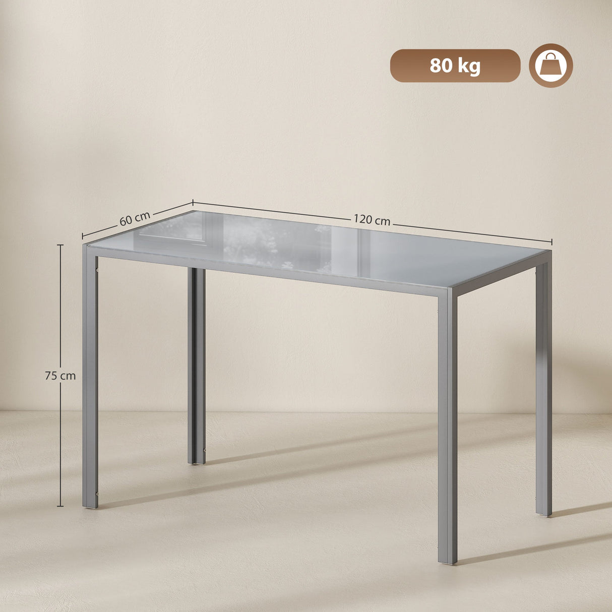 Wise Galleria Dining Table with Glass Top and Metal Frame, Dimensions 120cm x 60cm x 75cm