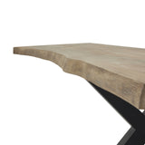 Stylish Shades 4 Seasons Dining Table with a unique live edge top and sturdy black metal legs