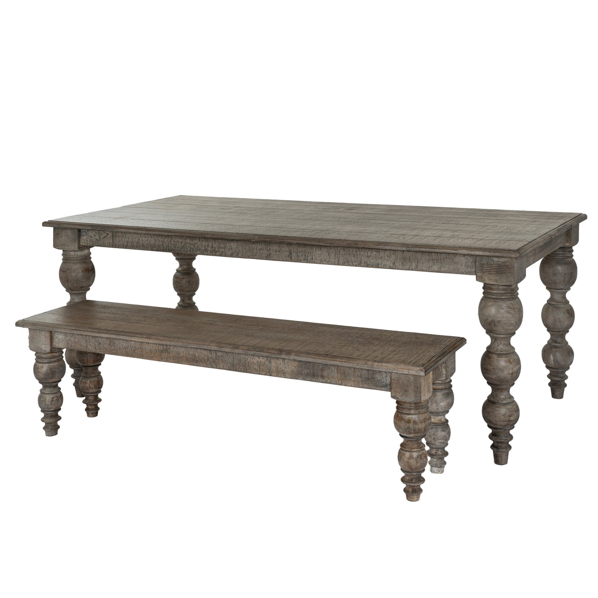 Shades 4 Seasons rustic wooden dining table with elegant turned legs and a matching bench