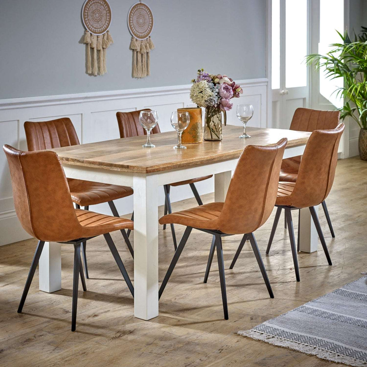 Verty Furniture Dining Table with Rustic Wood Top and Six Comfortable Brown Chairs in Modern Dining Room