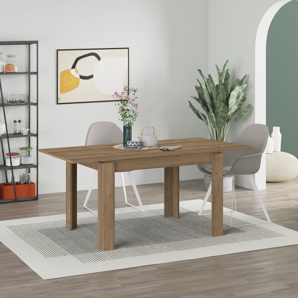Decortie Dining Table in natural wood finish with stylish design, surrounded by modern chairs and decor