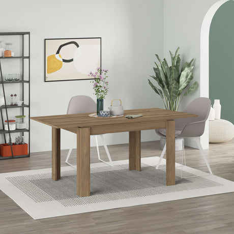 Decortie Dining Table in natural wood finish with stylish design, surrounded by modern chairs and decor