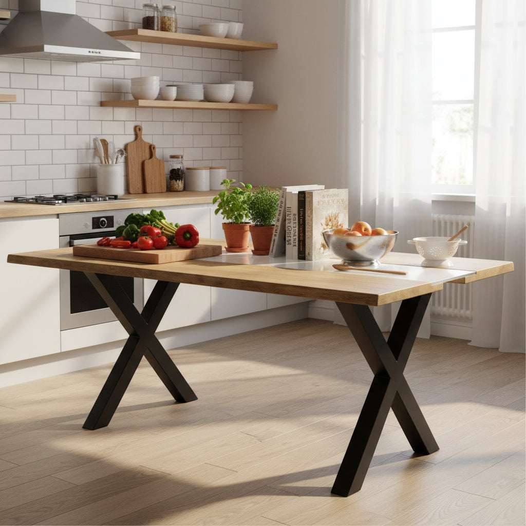 Shades 4 Seasons Dining Table with Wooden Top and Cross-Leg Design in Modern Kitchen Setting