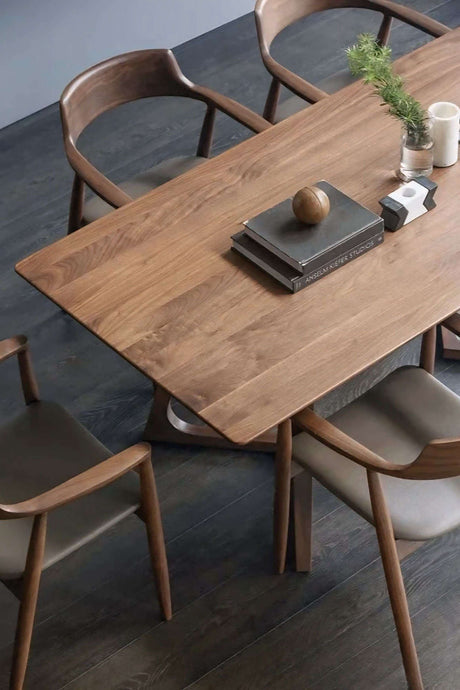Nisu Home Dining Table in Walnut Finish with Modern Design and Matching Chairs