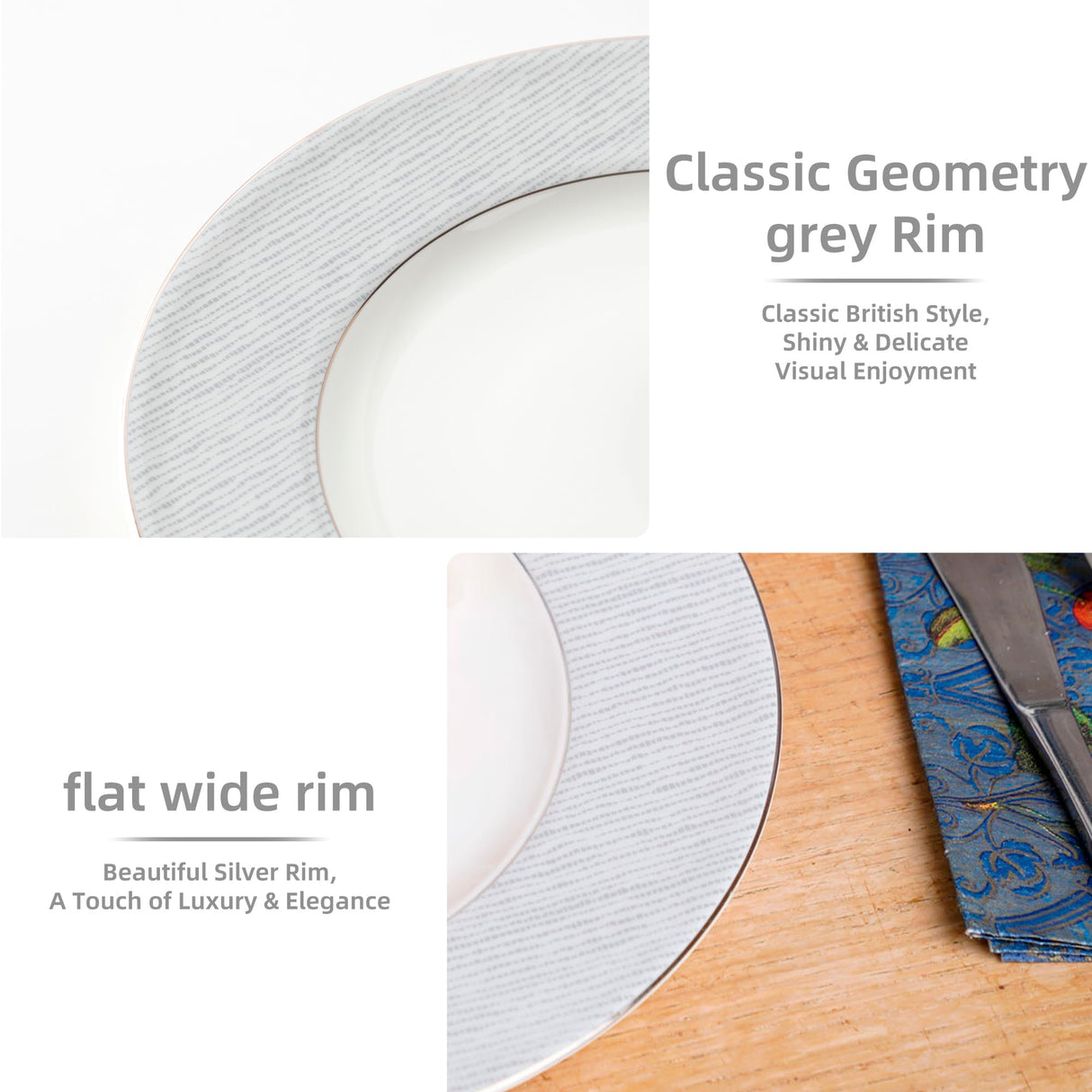 Elegant dinner plates with classic grey rim and flat wide design for stylish dining