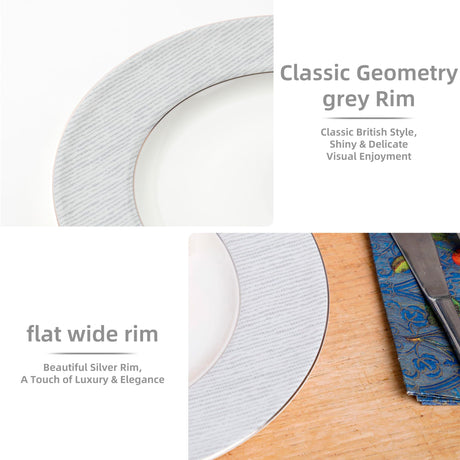 Elegant dinner plates with classic grey rim and flat wide design for stylish dining