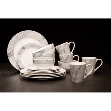 Orsina Dinner Set featuring elegant marble design plates, bowls, and cups for stylish dining