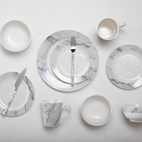 Avie 16 Piece White And Grey Marble Effect Dinner Set Orsina