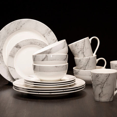 Avie 16 Piece White And Grey Marble Effect Dinner Set Orsina