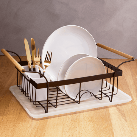 Orsina Dish Drainer with Wooden Handles and White Plates and Cutlery for Kitchen Organisation