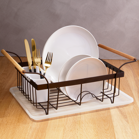 Orsina Dish Drainer with Wooden Handles and White Plates and Cutlery for Kitchen Organisation