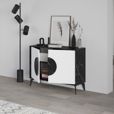 Decortie modern sideboard as a stylish display unit with black marble finish and white doors