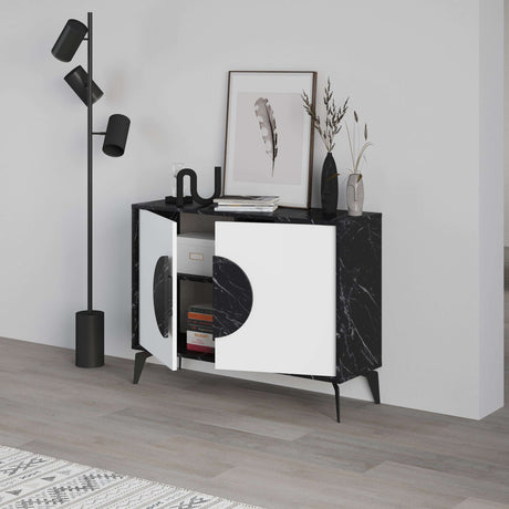 Decortie modern sideboard as a stylish display unit with black marble finish and white doors