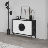 Modern Decortie Display Unit featuring a sleek black and white design with stylish storage options