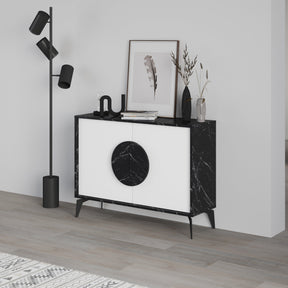 Modern Decortie Display Unit featuring a sleek black and white design with stylish storage options