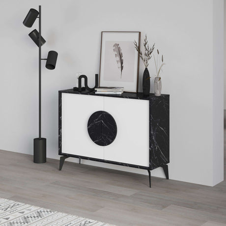 Modern Decortie Display Unit featuring a sleek black and white design with stylish storage options