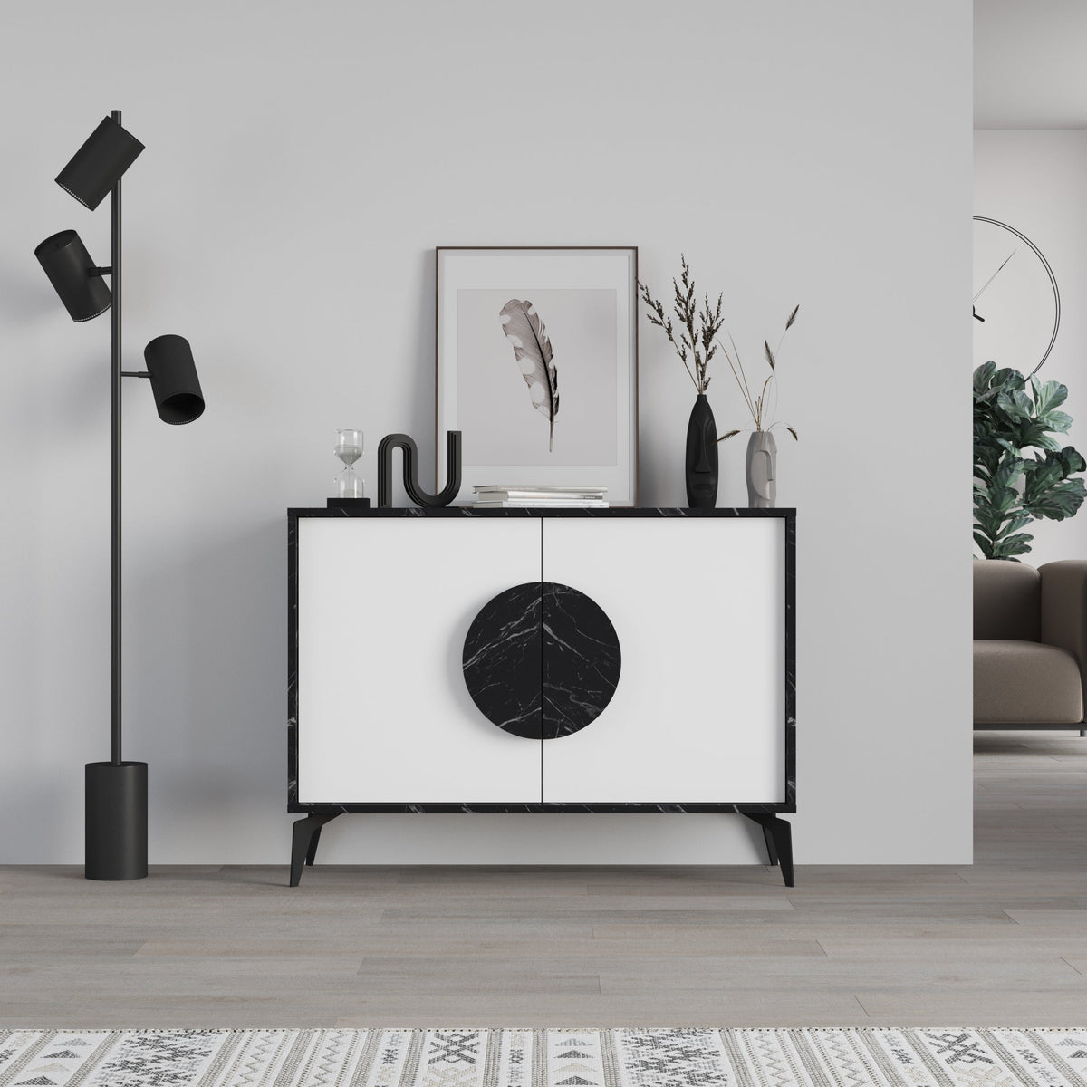 Decortie modern black and white sideboard display unit with round handles and minimalistic design