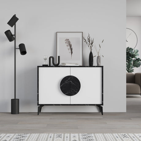 Decortie modern black and white sideboard display unit with round handles and minimalistic design