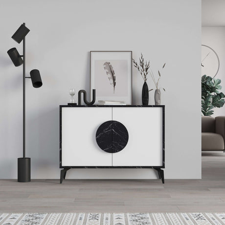 Decortie modern black and white sideboard display unit with round handles and minimalistic design