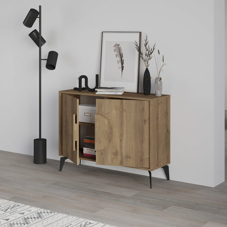 Decortie display unit in wood finish with sleek doors, styled with black floor lamp and modern decor