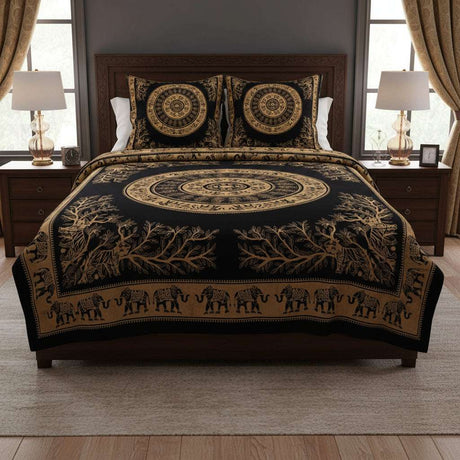 Double Cotton Bedspread and Wall Hanging - Elephant Jungle - Black Gold AW-Dropship