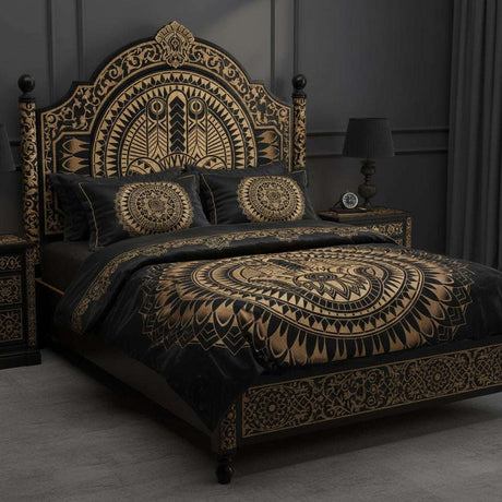 Double Cotton Bedspread and Wall Hanging - Hamsa - Black Gold AW-Dropship