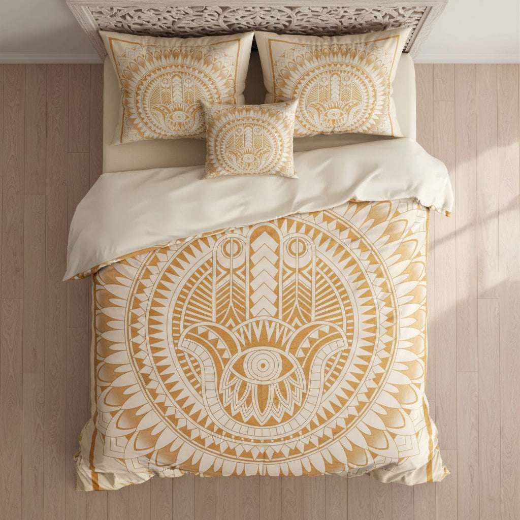 Double Cotton Bedspread and Wall Hanging - Hamsa - White Gold AW-Dropship