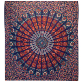 Double Cotton Bedspread and Wall Hanging - Peacock Mandala - Blue AW-Dropship