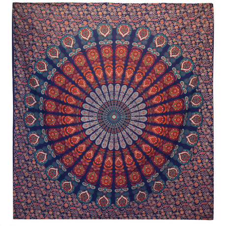 Double Cotton Bedspread and Wall Hanging - Peacock Mandala - Blue AW-Dropship