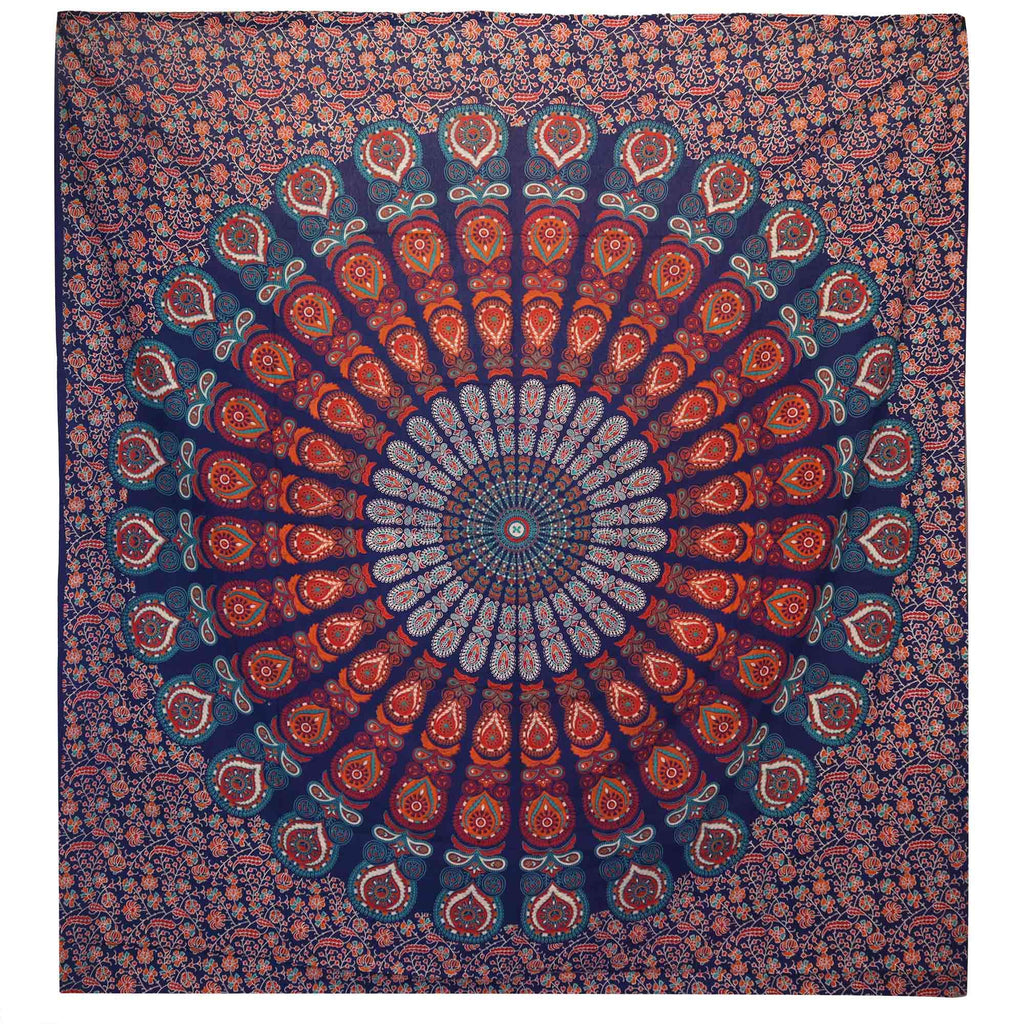 Double Cotton Bedspread and Wall Hanging - Peacock Mandala - Blue AW-Dropship