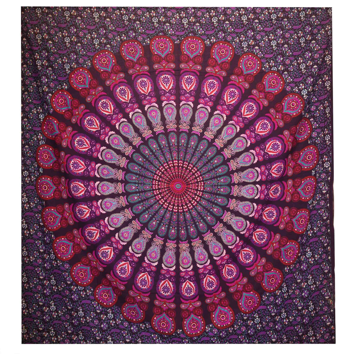 Double Cotton Bedspread and Wall Hanging - Peacock Mandala - Purple AW-Dropship