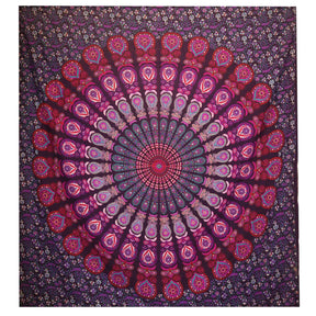 Double Cotton Bedspread and Wall Hanging - Peacock Mandala - Purple AW-Dropship
