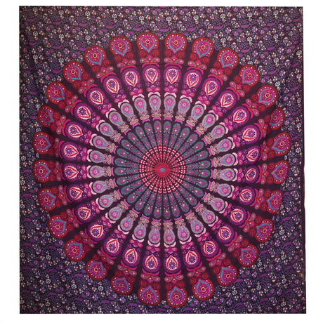 Double Cotton Bedspread and Wall Hanging - Peacock Mandala - Purple AW-Dropship