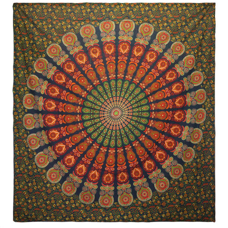 Double Cotton Bedspread and Wall Hanging - Peacock Mandala - Green AW-Dropship