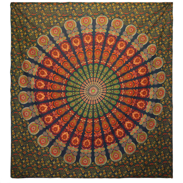 Double Cotton Bedspread and Wall Hanging - Peacock Mandala - Green AW-Dropship