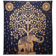 Double Cotton Bedspread and Wall Hanging - Elephant & Tree - Blue Gold AW-Dropship