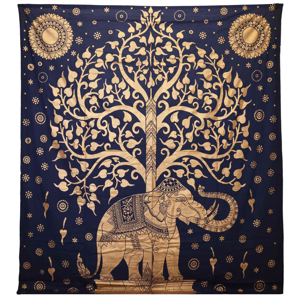Double Cotton Bedspread and Wall Hanging - Elephant & Tree - Blue Gold AW-Dropship