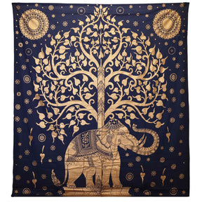 Double Cotton Bedspread and Wall Hanging - Elephant & Tree - Blue Gold AW-Dropship