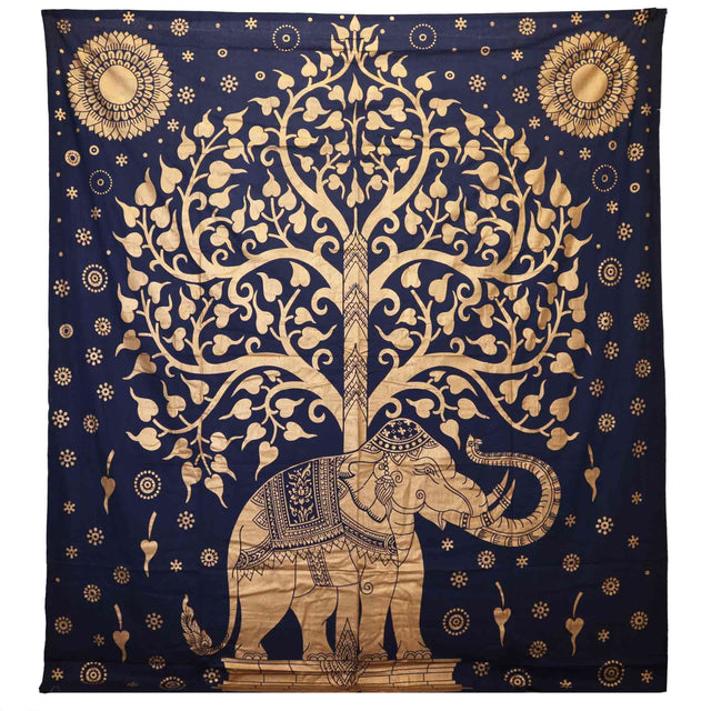 Double Cotton Bedspread and Wall Hanging - Elephant & Tree - Blue Gold AW-Dropship