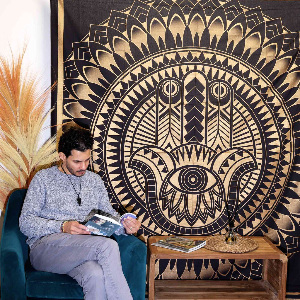 Double Cotton Bedspread and Wall Hanging - Hamsa - Black Gold AW-Dropship