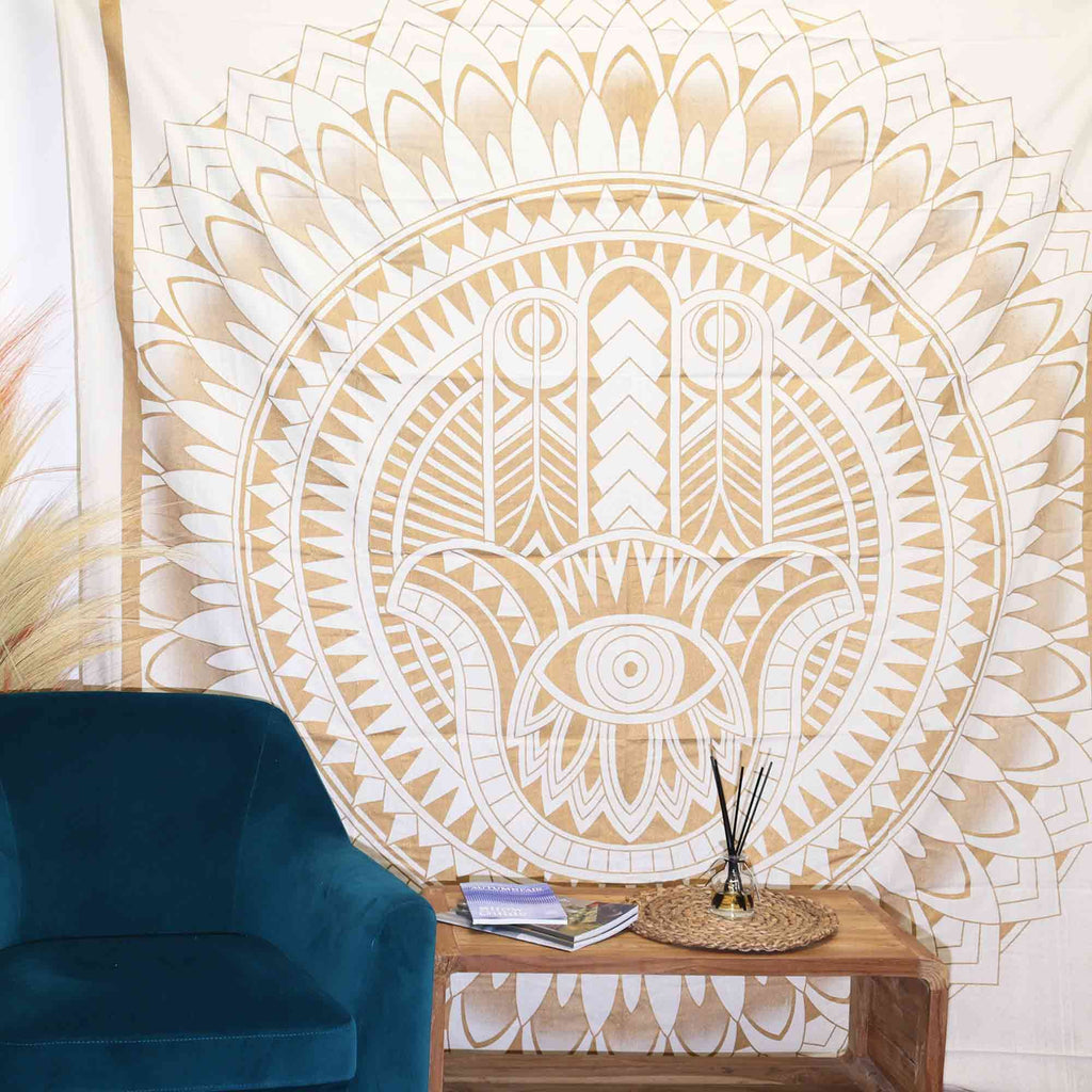 Double Cotton Bedspread and Wall Hanging - Hamsa - White Gold AW-Dropship