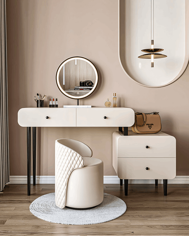 Elegant Le Di Vita Dressing Table with round mirror and stylish chair in a chic interior setting