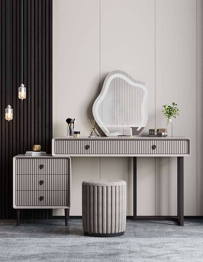Le Di Vita stylish dressing table with curved mirror, matching stool and modern striped design