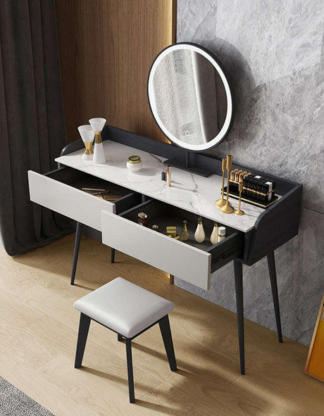 Le Di Vita Dressing Table with Marble Top, Circular Mirror and Stylish Drawers