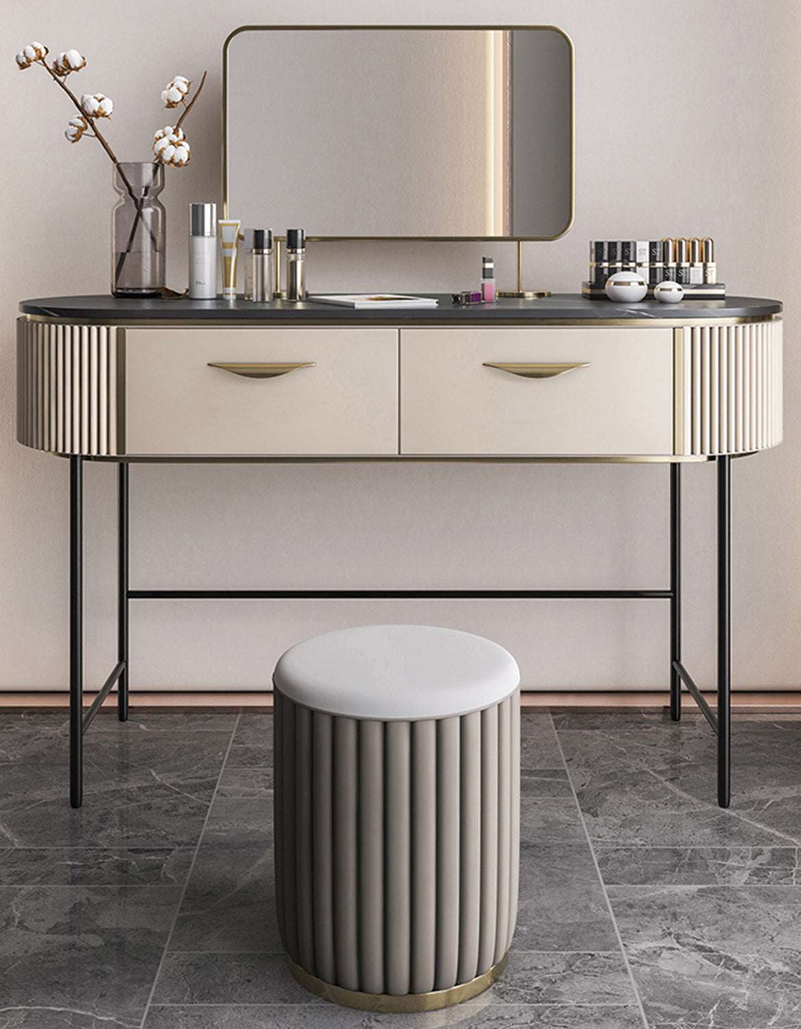 Le Di Vita Dressing Table in cream and black with a matching stool and elegant accessories